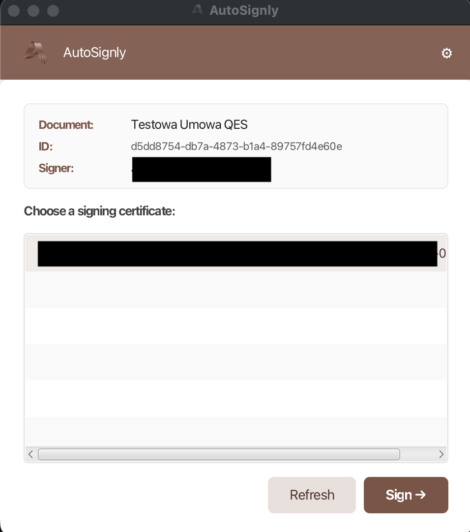 Choose a signing certificate in AutoSignly