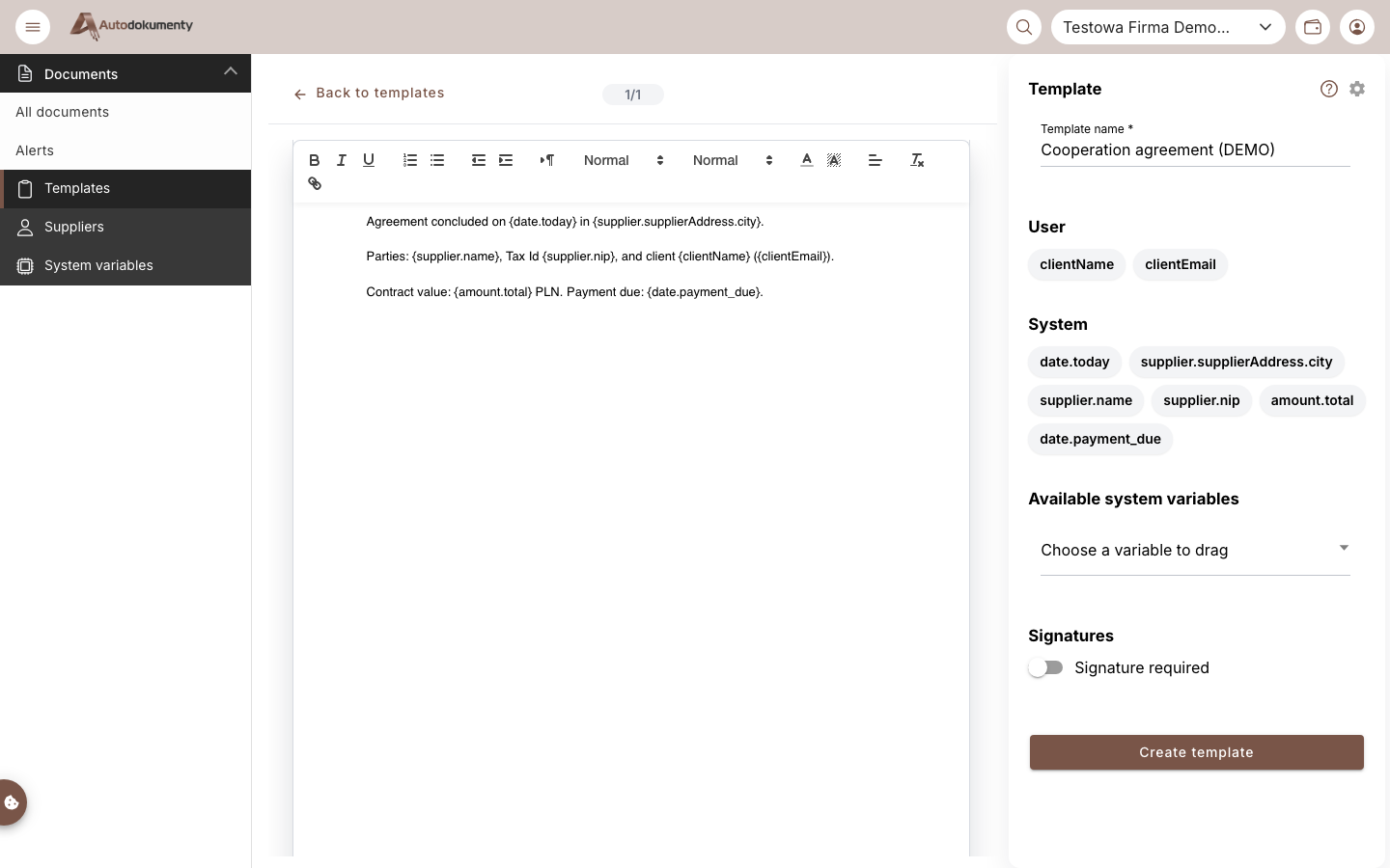 Template editor with variables