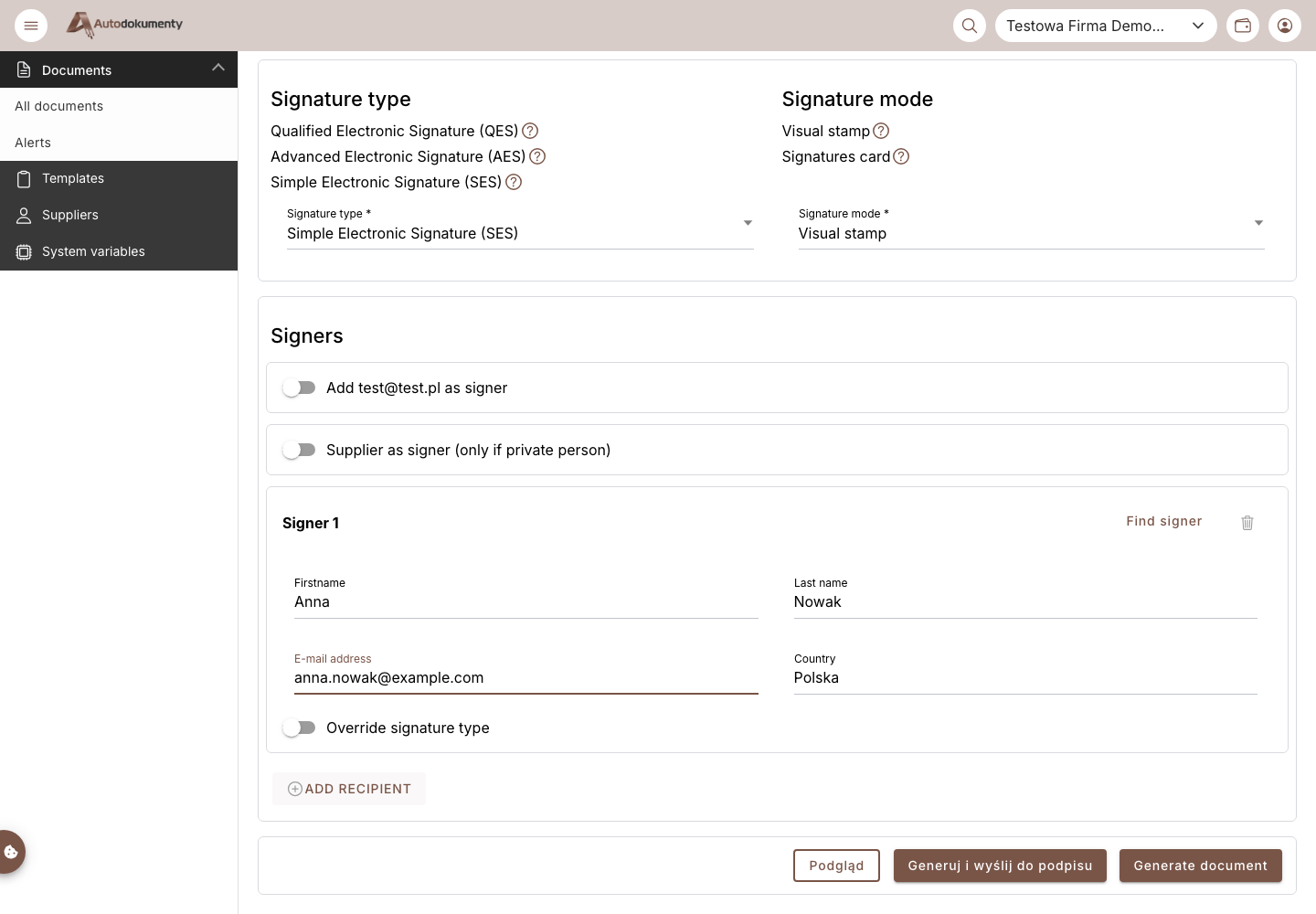Generate and send to sign