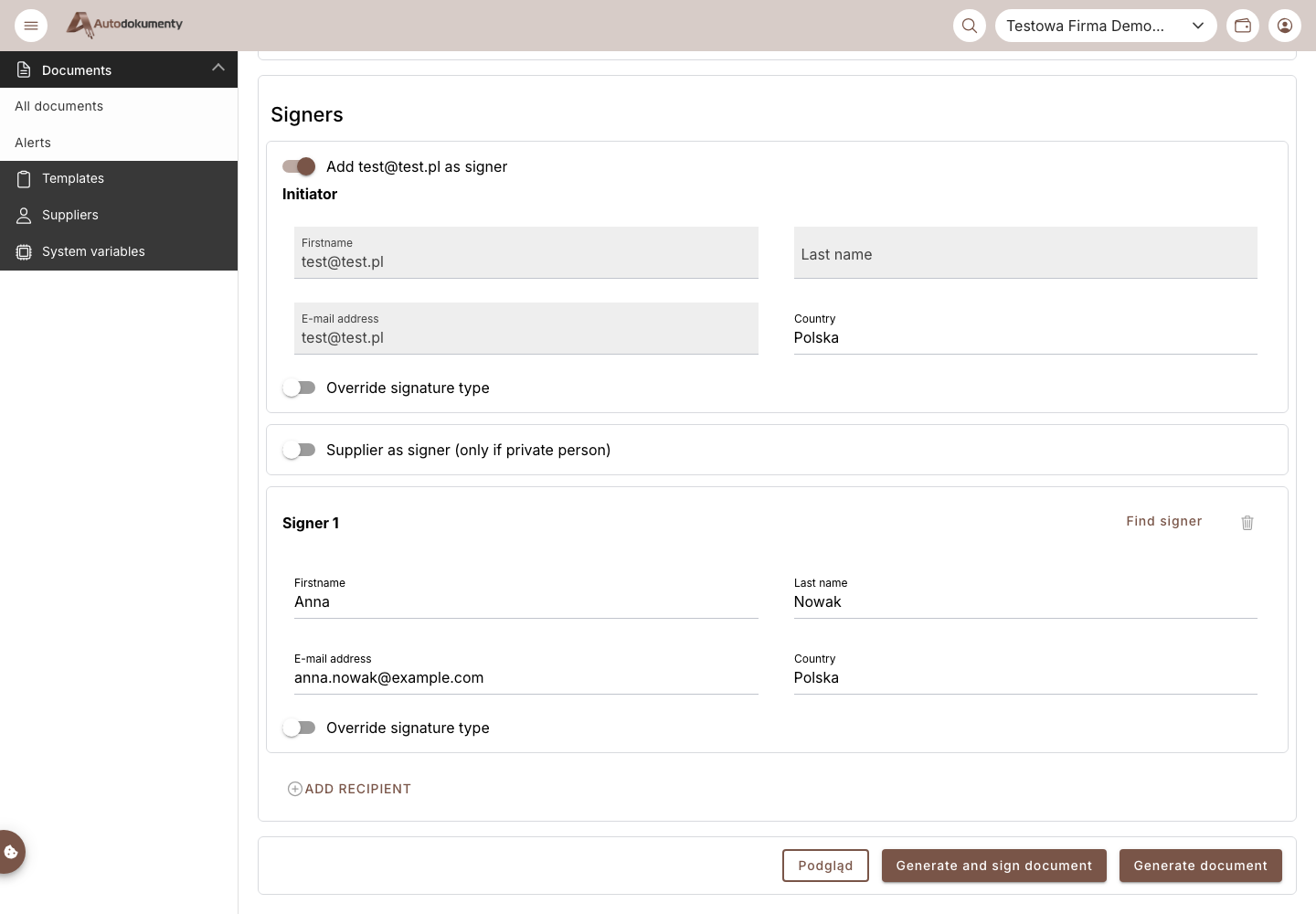 Generate and sign document