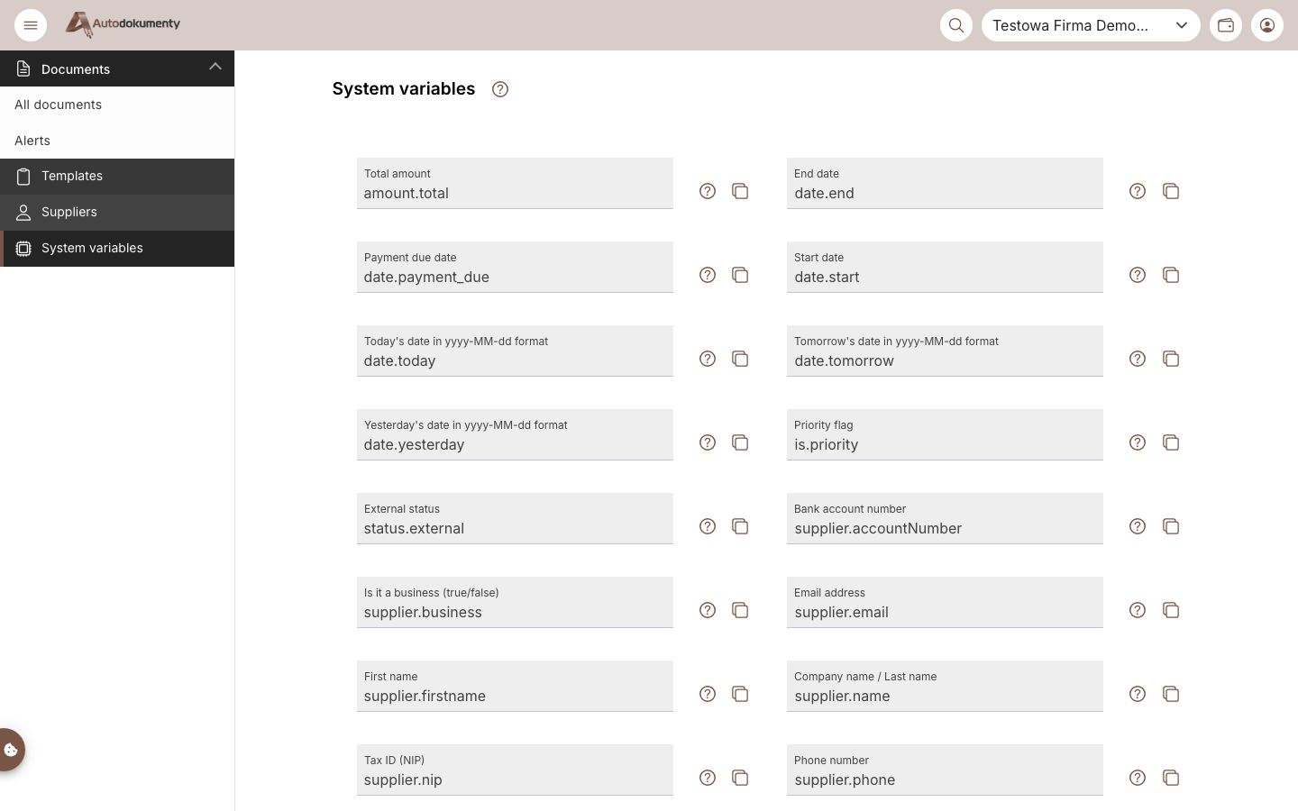 System variables screen