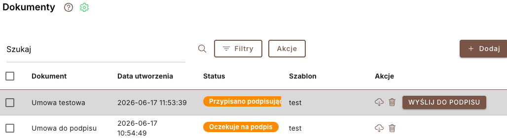 Document on the list with the Send to sign button