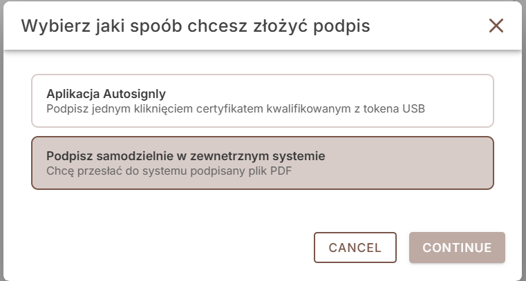 Choose signing method — external system option selected