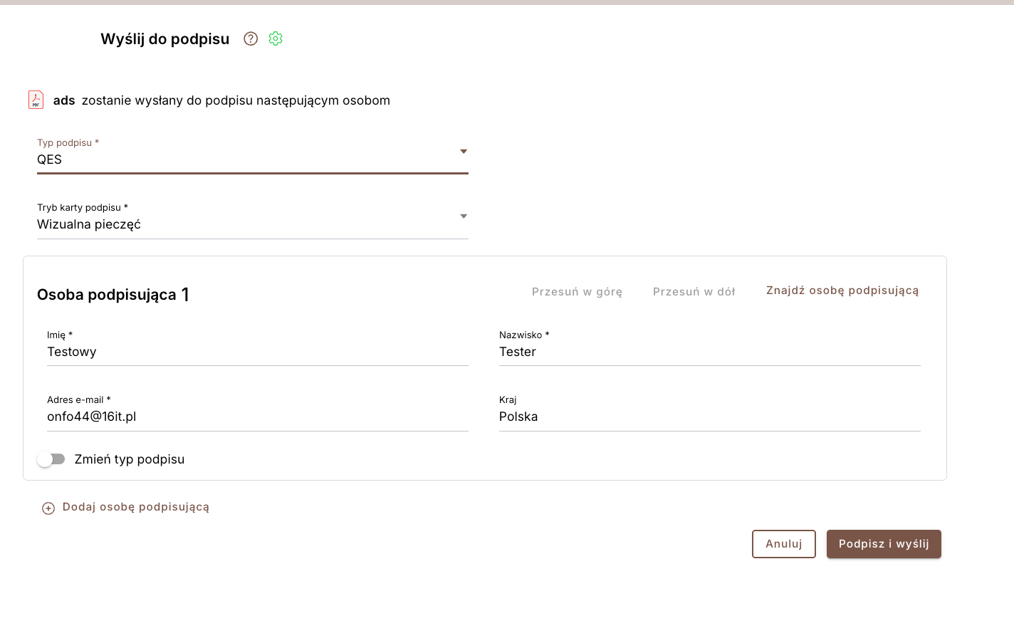Send to sign — edit signers, type and mode
