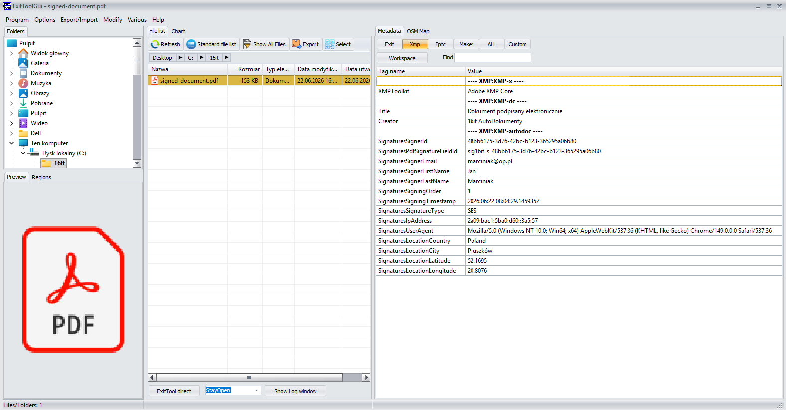 ExifTool GUI view