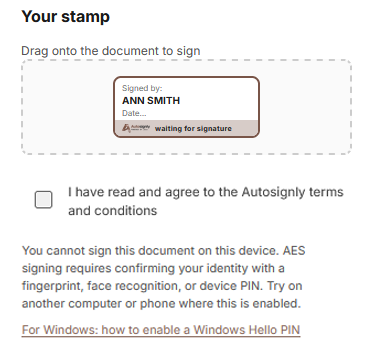 Message that signing is not available on this device