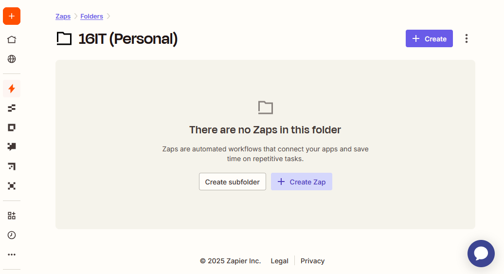 Zapier Dashboard with "Create Zap"