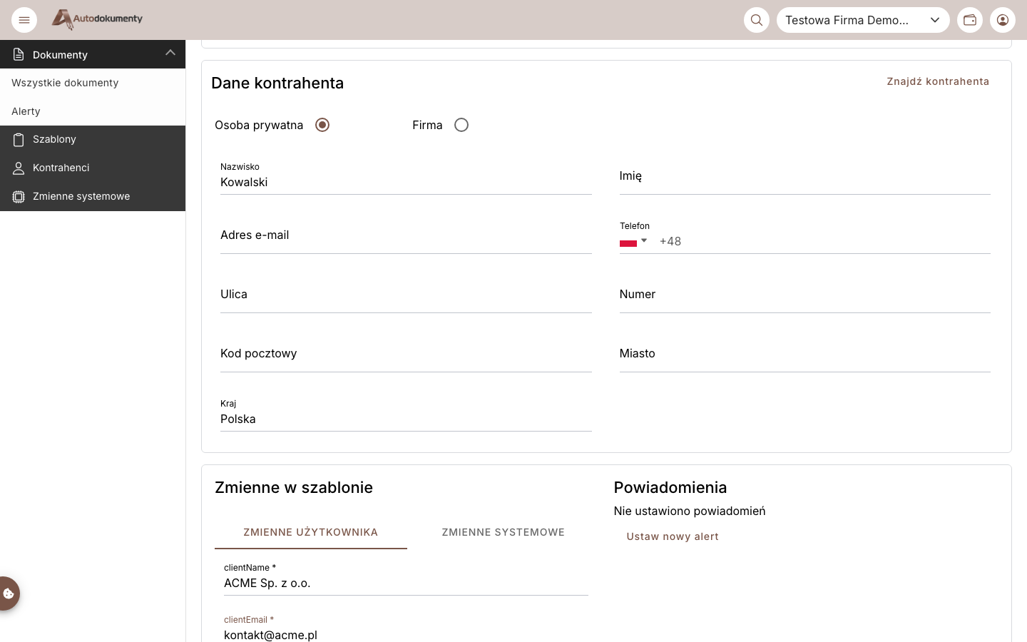 Generuj dokument — wypełniony