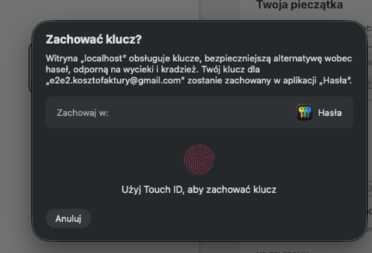 Zapisanie klucza dostępu (Touch ID na macOS)