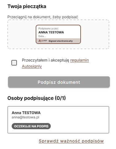 Widok podpisu z przyciskiem Podpisz dokument