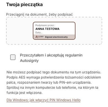 Komunikat o braku możliwości podpisu