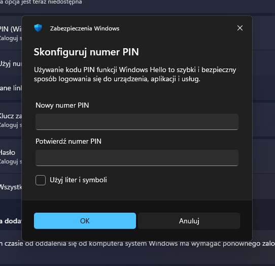Skonfiguruj numer PIN