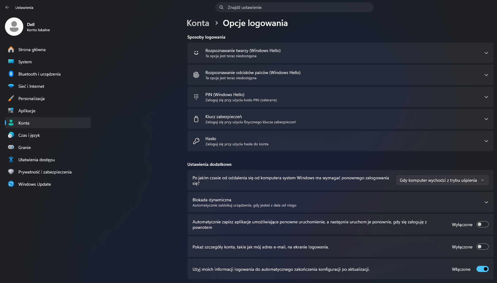 Opcje logowania Windows
